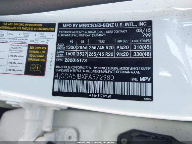 2015 MERCEDES-BENZ ML 350 4JGDA5JBXFA572980 Photo 8