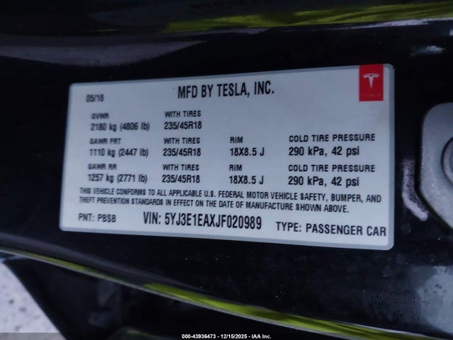 2018 TESLA MODEL 3 5YJ3E1EAXJF020989 Photo 8