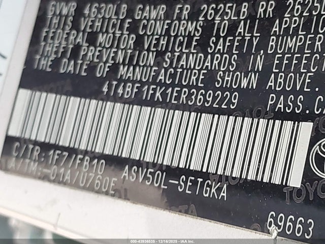 4T4BF1FK1ER369229 Toyota CAMRY XLE