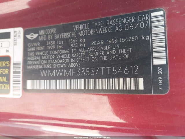 2007 MINI COOPER WMWMF33537TT54612 Photo 8