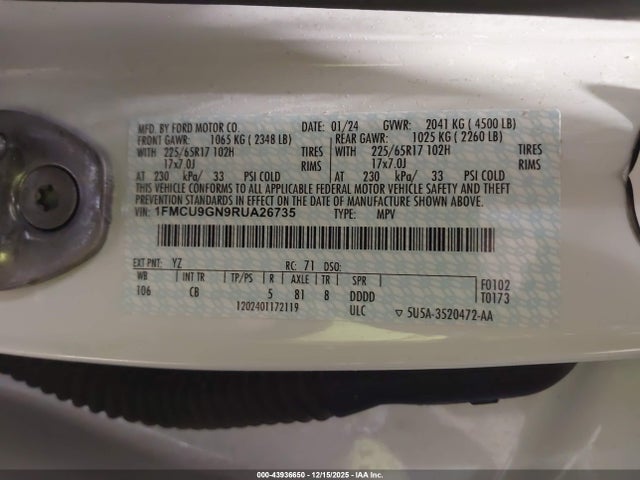 Продаж на аукціоні авто 2024 Ford Escape Active, vin: 1FMCU9GN9RUA26735, номер лоту: 43936650