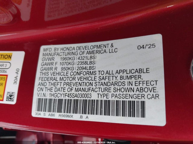 1HGCY1F45SA030003 Honda ACCORD SE