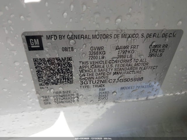 Aukcja sprzedaży 2018 Gmc Sierra 1500 Slt, vin: 3GTU2NEC7JG505980, numer aukcji: 43936689
