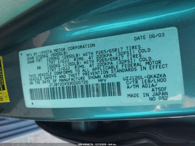 2003 LEXUS GX 470 JTJBT20X930020726 Photo 8