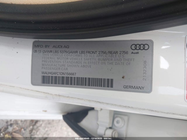 2013 Audi A6 3.0t Premium მანქანა იყიდება აუქციონზე, vin: WAUHGAFC1DN156687, აუქციონის ნომერი: 43936848