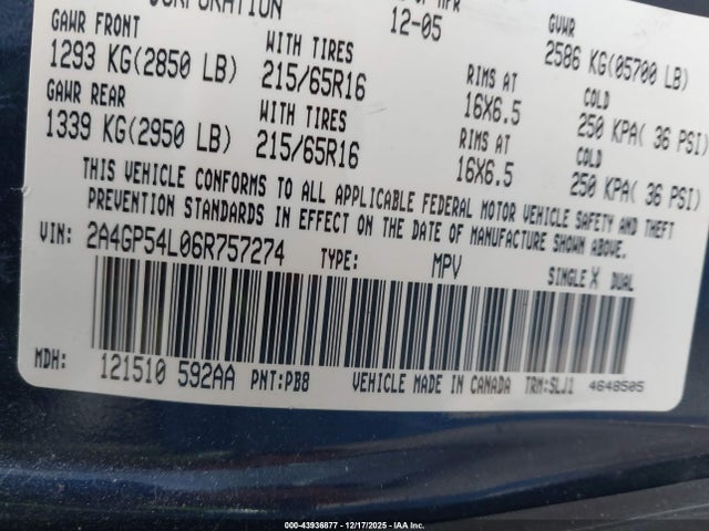 43936877 :رقم المزاد ، 2A4GP54L06R757274 vin ، 2006 Chrysler Town & Country Touring مزاد بيع
