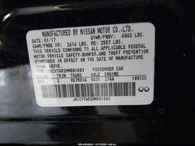 43936920 :رقم المزاد ، JN1CV7AR2HM681693 vin ، 2017 Infiniti Q50 2.0t Premium مزاد بيع
