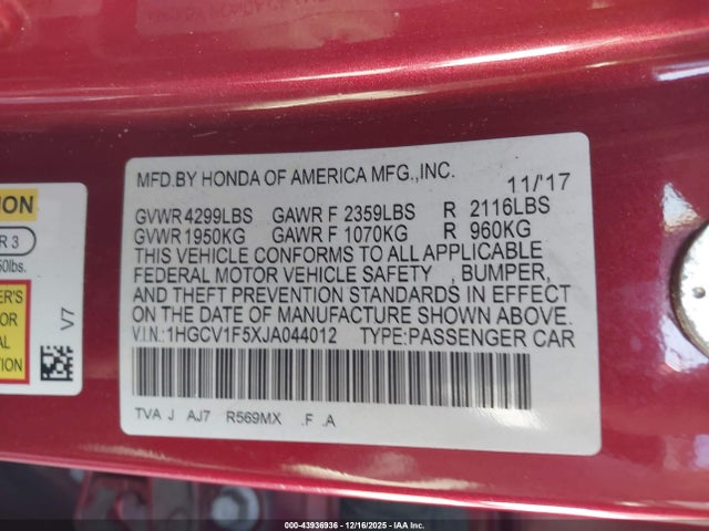 1HGCV1F5XJA044012 Honda Accord Ex-l