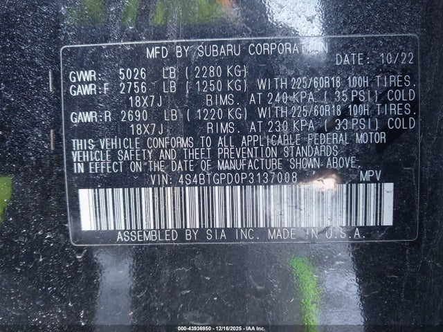 4S4BTGPD0P3137008 Subaru Outback Touring Xt