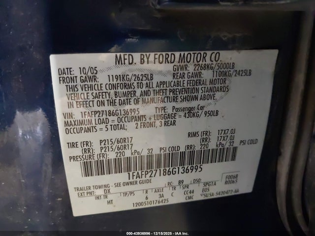 43936996 :رقم المزاد ، 1FAFP27186G136995 vin ، 2006 Ford Five Hundred Sel مزاد بيع