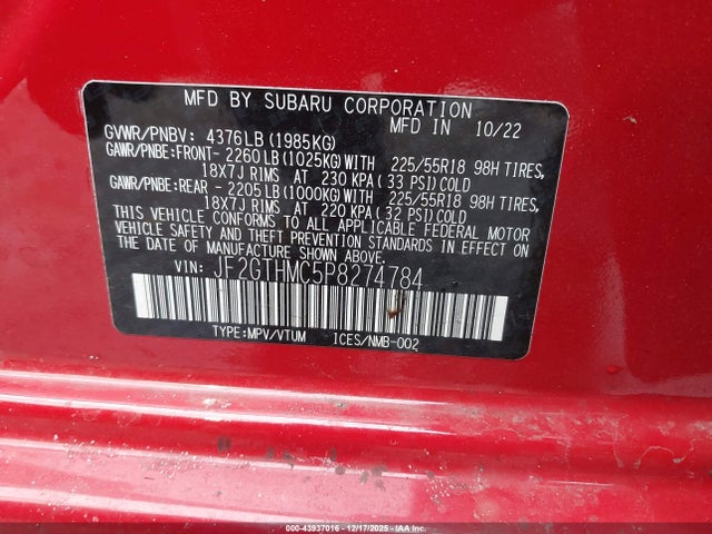 43937016 :رقم المزاد ، JF2GTHMC5P8274784 vin ، 2023 Subaru Crosstrek Limited مزاد بيع