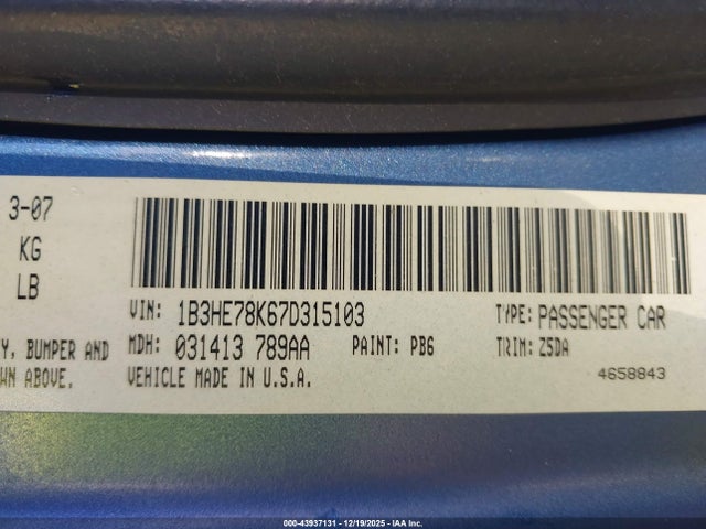 Aukcja sprzedaży 2007 Dodge Caliber R/t, vin: 1B3HE78K67D315103, numer aukcji: 43937131