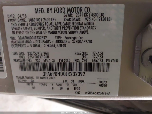 Ford FUSION SE 2018 3FA6P0HD0JR232392 Image 9