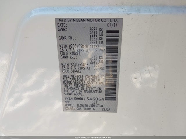 Aukcja sprzedaży 2014 Infiniti Qx60, vin: 5N1AL0MM0EC546064, numer aukcji: 43937218