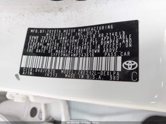 Auction sale of the 2021 Toyota Corolla Le, vin: 5YFEPMAE4MP243616, lot number: 43937228