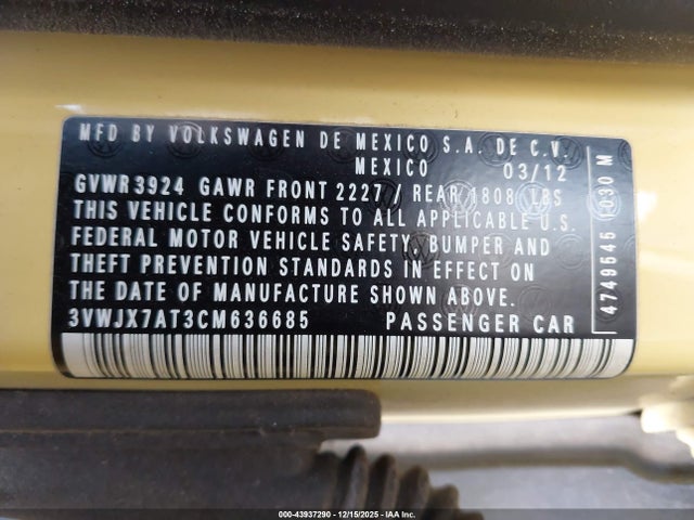 Продаж на аукціоні авто 2012 Volkswagen Beetle 2.5l, vin: 3VWJX7AT3CM636685, номер лоту: 43937290