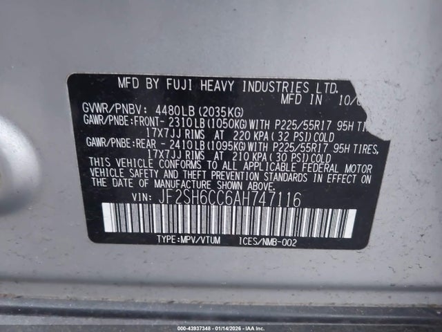 Продаж на аукціоні авто 2010 Subaru Forester 2.5x Premium, vin: JF2SH6CC6AH747116, номер лоту: 43937348