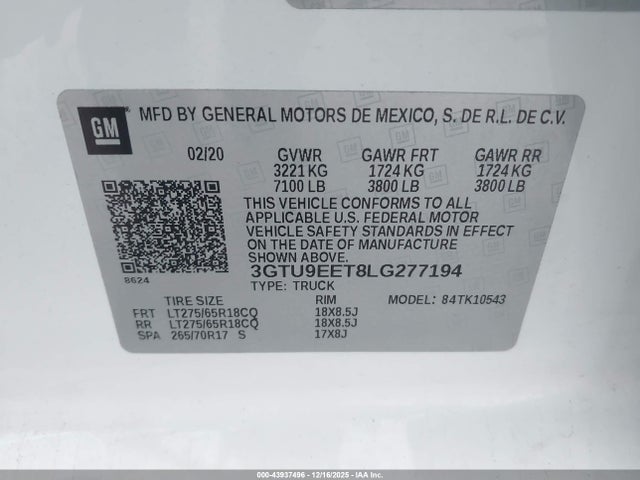 3GTU9EET8LG277194 GMC Sierra 1500 4wd Short Box At4