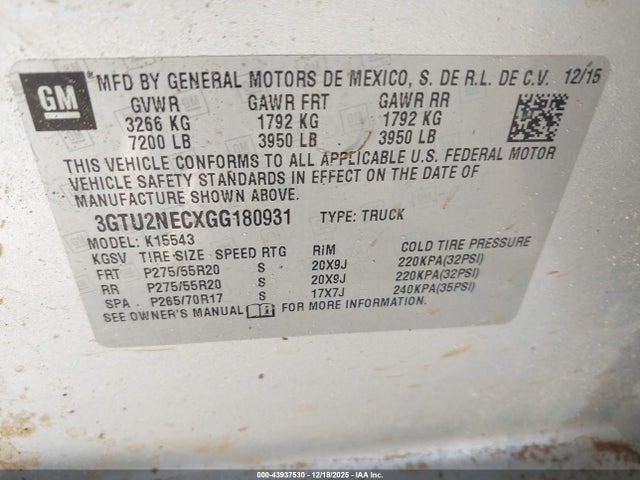 3GTU2NECXGG180931 GMC Sierra 1500 Slt