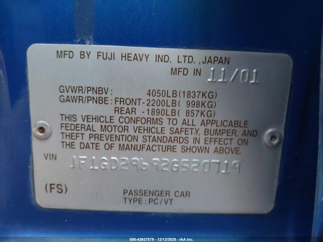 Aukcja sprzedaży 2002 Subaru Impreza Wrx, vin: JF1GD29692G520719, numer aukcji: 43937579