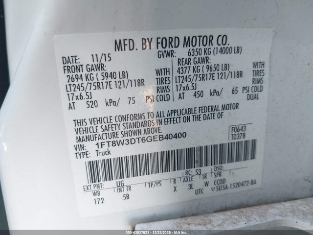 1FT8W3DT6GEB40400 Ford F-350 Lariat