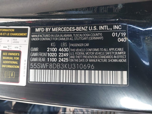 43937744 :رقم المزاد ، 55SWF8DB3KU310696 vin ، 2019 Mercedes-benz C 300 مزاد بيع