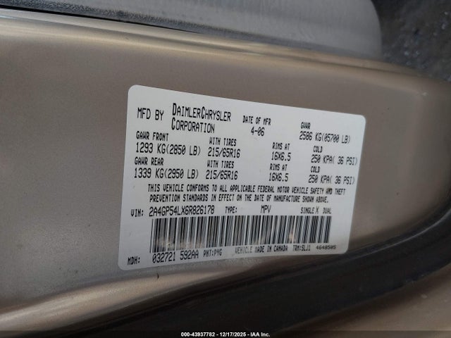 Продаж на аукціоні авто 2006 Chrysler Town & Country Touring, vin: 2A4GP54LX6R826178, номер лоту: 43937782