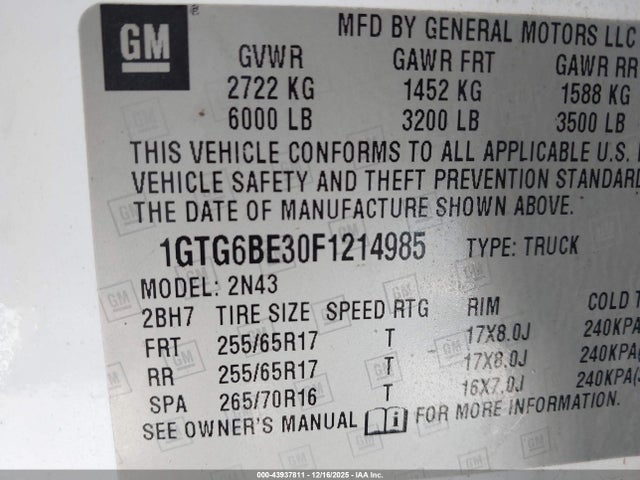 Продаж на аукціоні авто 2015 Gmc Canyon Sle, vin: 1GTG6BE30F1214985, номер лоту: 43937811