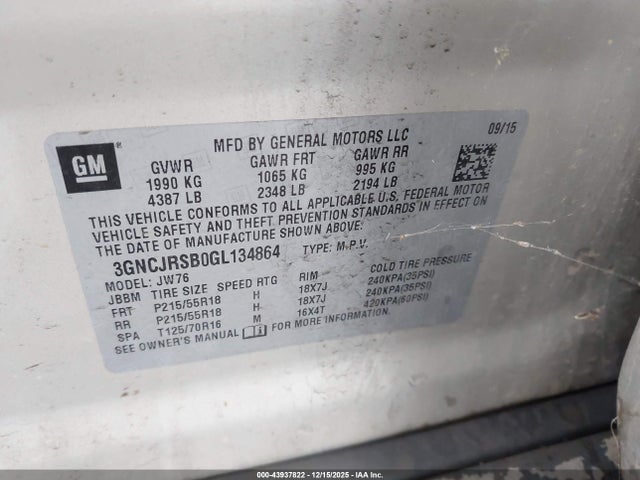 3GNCJRSB0GL134864 Chevrolet TRAX LTZ