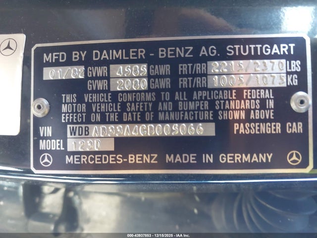 Продаж на аукціоні авто 1982 Mercedes-benz 300 Dt, vin: WDBAB33A4CB005066, номер лоту: 43937853