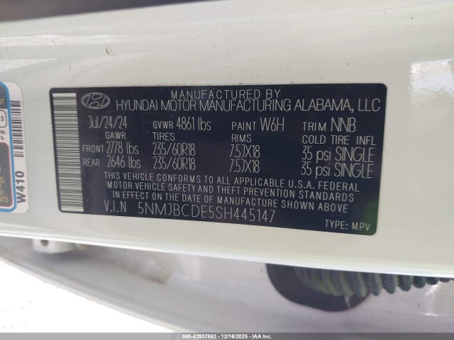 Продажа на аукционе авто 2025 Hyundai Tucson Sel, vin: 5NMJBCDE5SH445147, номер лота: 43937863