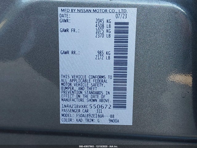 Aukcja sprzedaży 2024 Nissan Leaf S, vin: 1N4AZ1BVXRC550672, numer aukcji: 43937903