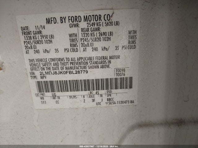 2LMDJ8JK0FBL28779 Lincoln MKX