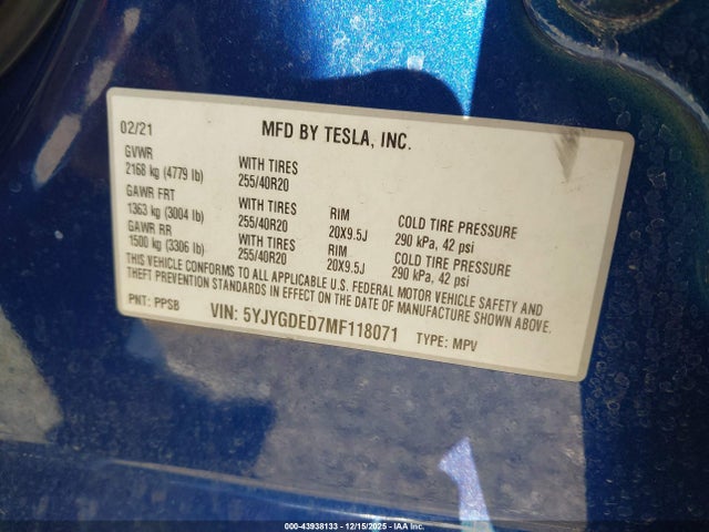 2021 TESLA MODEL Y 5YJYGDED7MF118071 Photo 8