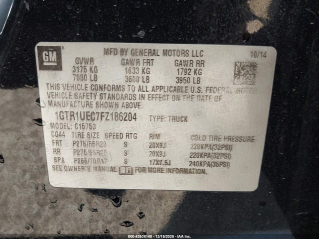 Продажа на аукционе авто 2015 Gmc Sierra 1500 Sle, vin: 1GTR1UEC7FZ186204, номер лота: 43938140