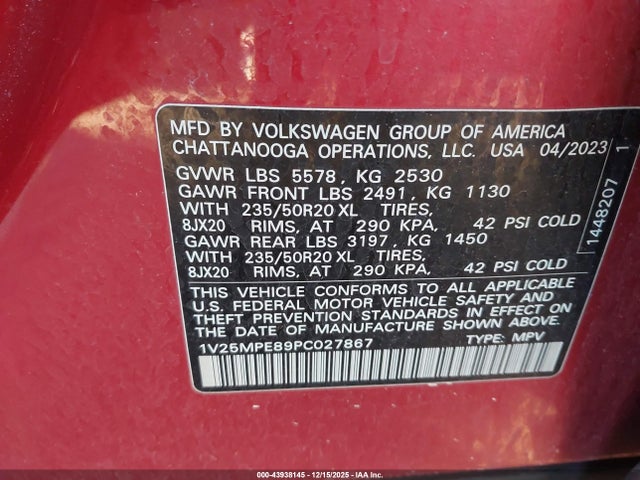43938145 :رقم المزاد ، 1V25MPE89PC027867 vin ، 2023 Volkswagen Id.4 S مزاد بيع