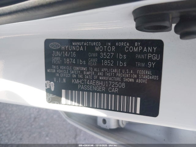 KMHCT4AE8HU172508 Hyundai ACCENT SE