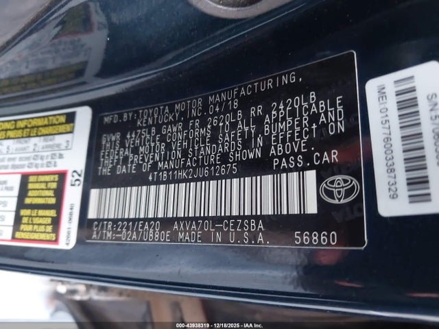 4T1B11HK2JU612675 Toyota CAMRY SE