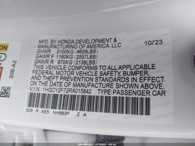 1HGCY2F72RA015842 Honda Accord Hybrid Sport-l