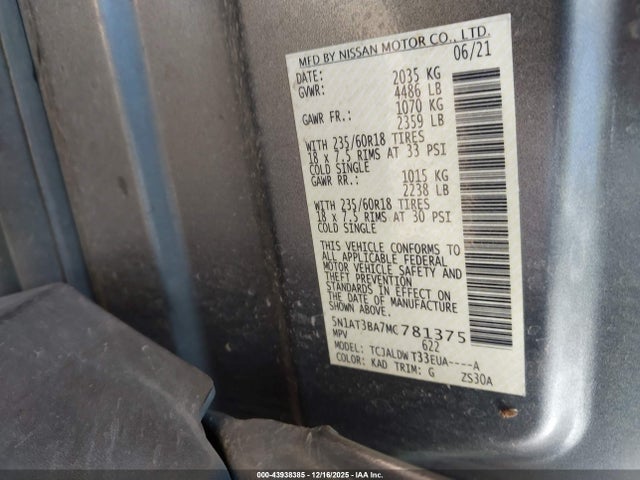 5N1AT3BA7MC781375 Nissan Rogue Sv Fwd