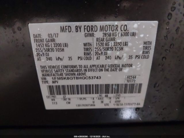 2017 FORD EXPLORER 1FM5K8GT8HGC53743 Photo 8