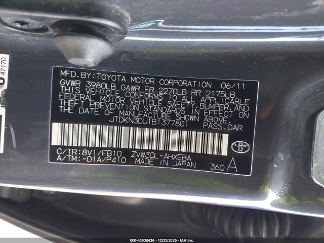 2011 Toyota Prius Two მანქანა იყიდება აუქციონზე, vin: JTDKN3DU1B1377801, აუქციონის ნომერი: 43938436