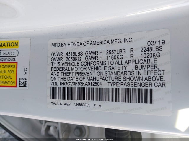 1HGCV3F93KA012504 Honda Accord Hybrid Touring