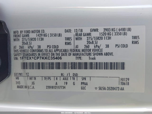 1FTEX1CP7KKC35406 Ford F-150 Xl