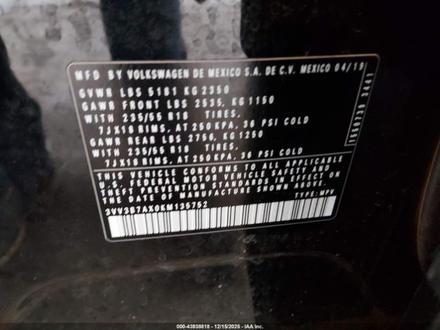 2019 VOLKSWAGEN TIGUAN 3VV3B7AX0KM135752 Photo 8