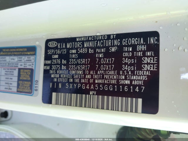 5XYPG4A55GG116147 KIA Sorento 3.3l Lx