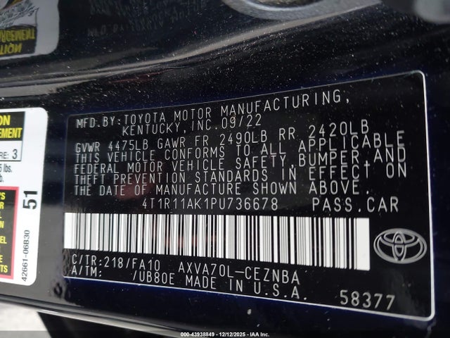 4T1R11AK1PU736678 Toyota CAMRY LE