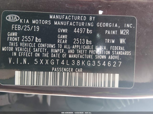 2019 KIA OPTIMA 5XXGT4L38KG354627 Photo 8