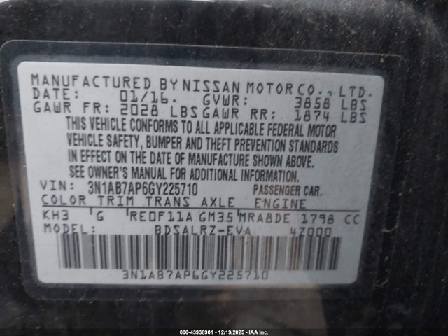 Aukcja sprzedaży 2016 Nissan Sentra Sr, vin: 3N1AB7AP6GY225710, numer aukcji: 43938901