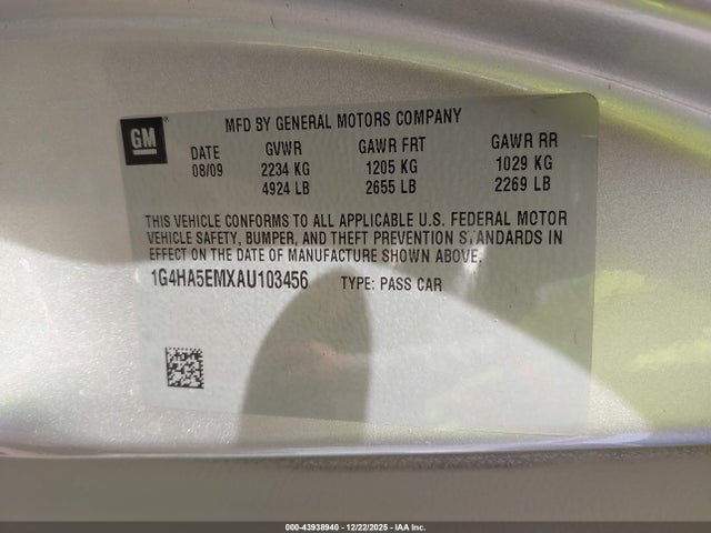 2010 Buick Lucerne Cx მანქანა იყიდება აუქციონზე, vin: 1G4HA5EMXAU103456, აუქციონის ნომერი: 43938940